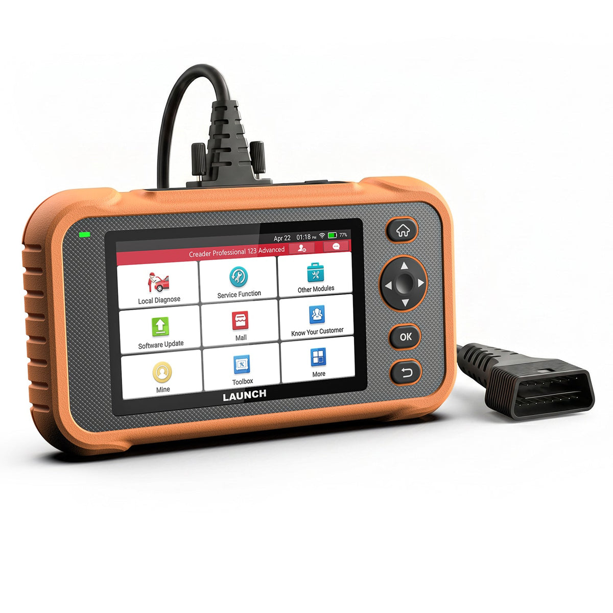 LAUNCH Creader Professional 123 Advanced diagnostic tool with a rugged orange and black casing. The device features a color touchscreen and is connected to a thick black cable with a standard 16-pin OBD II connector. Main image