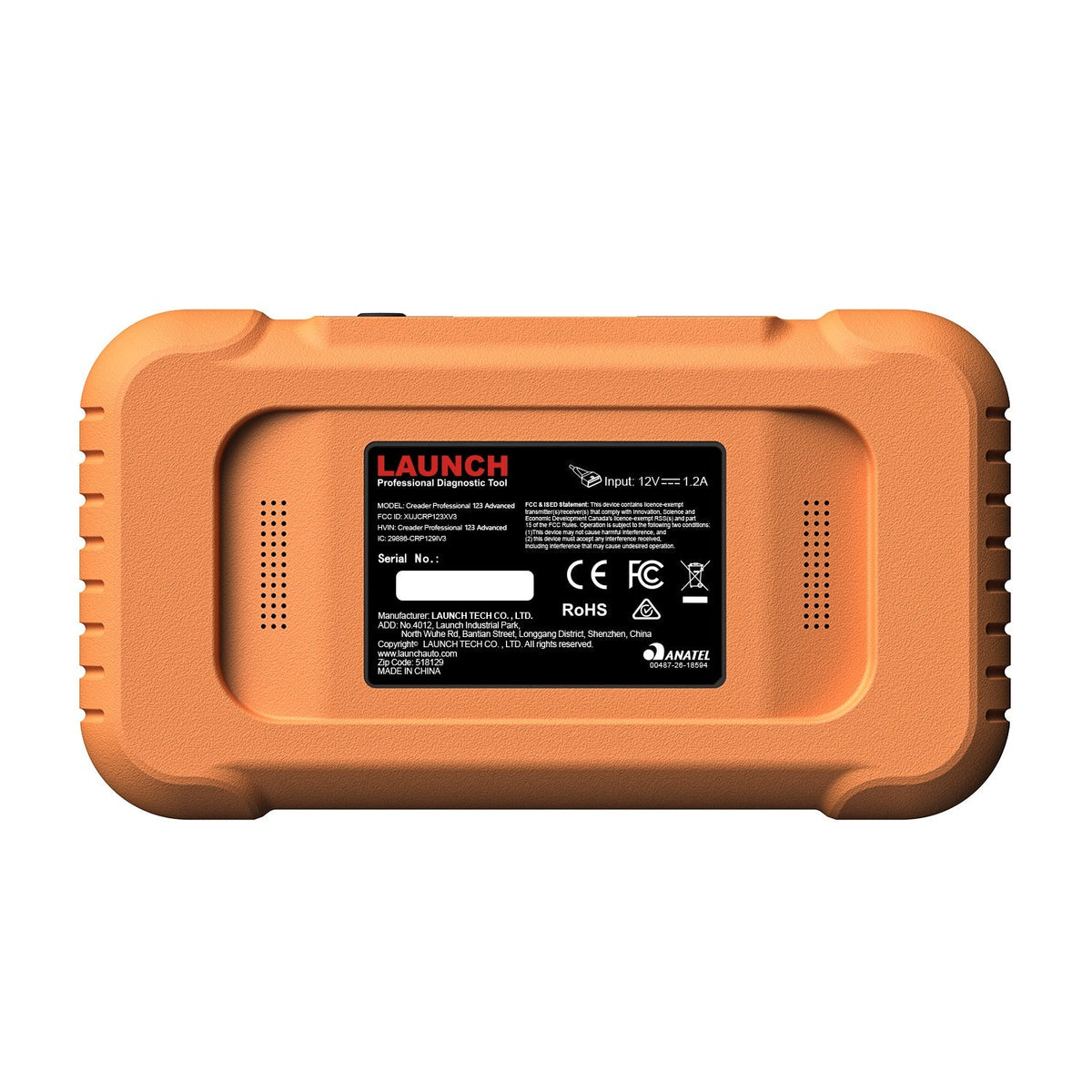 rear view of a LAUNCH Creader Professional 123 Advanced diagnostic tool, featuring a rugged orange casing with a textured grip. A central black label displays technical specifications, manufacturer details, and various regulatory compliance logos.