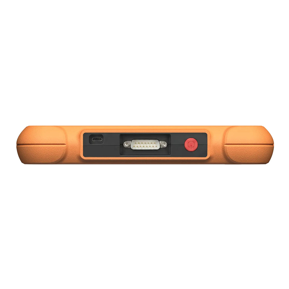 the top edge of a rugged orange device featuring a USB-C port, a multi-pin serial connector, and a red circular power button