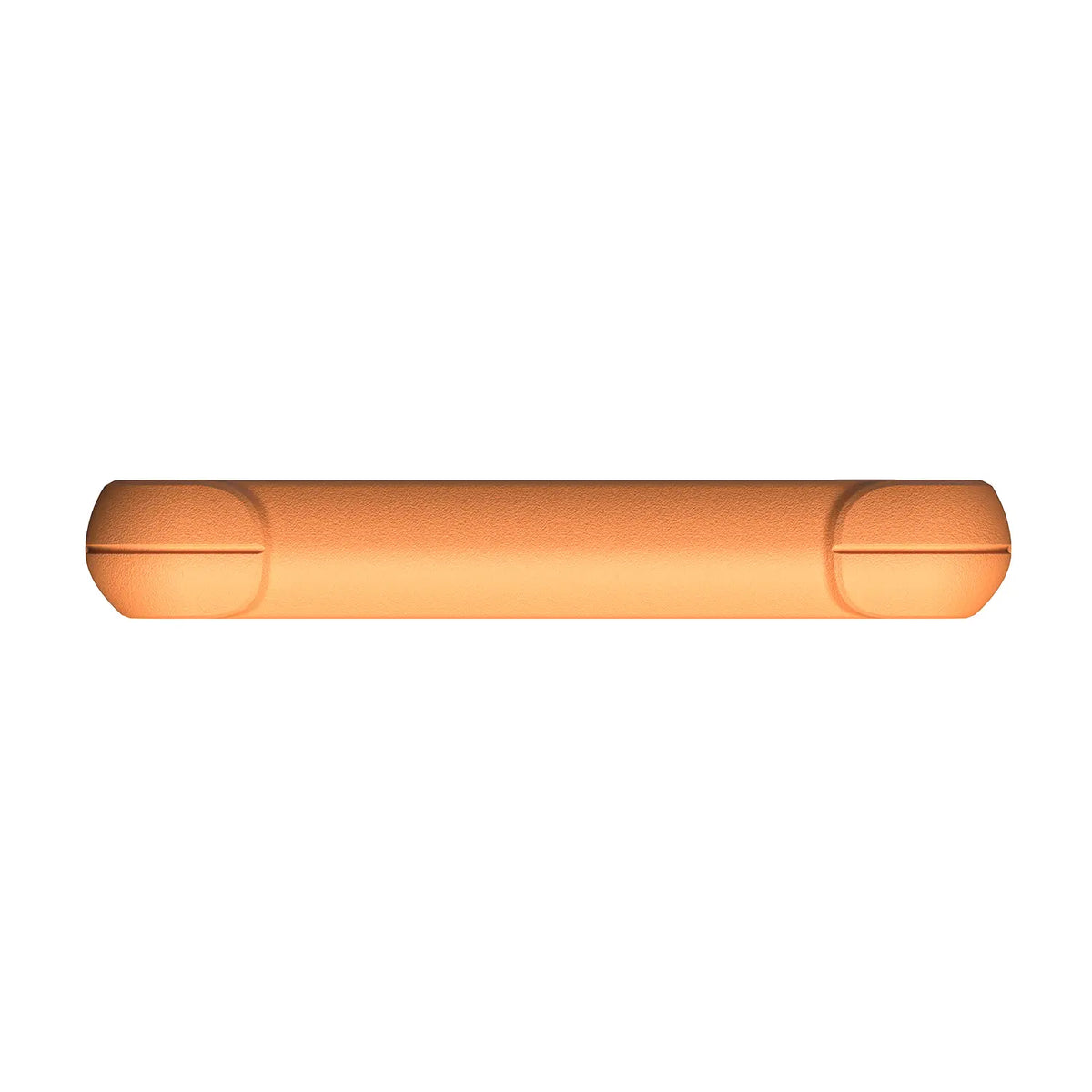 the bottom edge of a rugged orange device with a solid, textured protective casing and no visible ports.