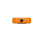 The image displays the top view of the device, showing its thick, textured orange casing and the central port where the diagnostic cable connects. The rugged design features protective ridges along the sides for enhanced durability.