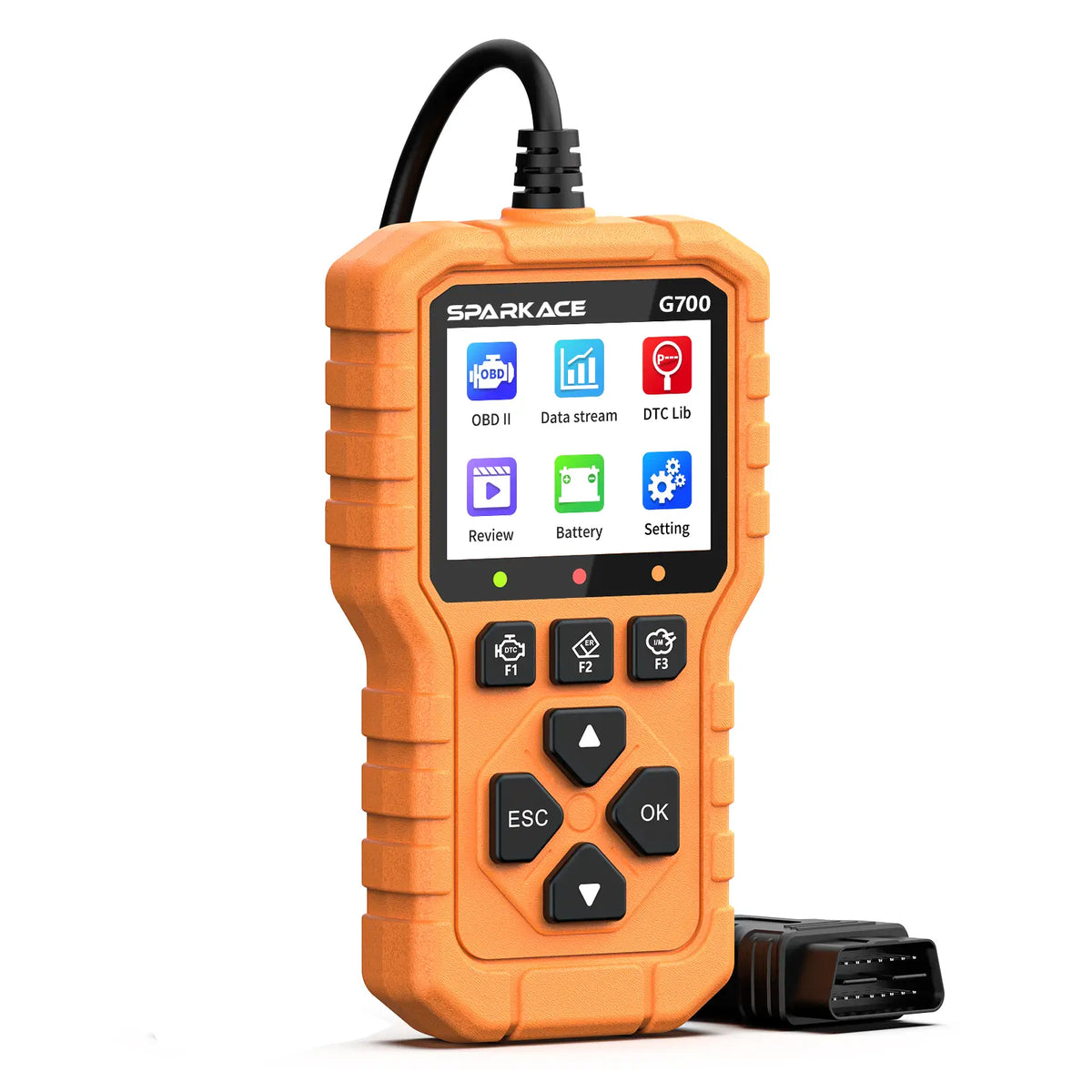 A Sparkace G700 handheld automotive diagnostic scanner designed with a rugged orange casing and a color display for reading vehicle fault codes and real-time data. Main image