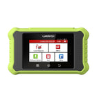 a LAUNCH Creader Elite X500 BM diagnostic tablet featuring a lime green rugged protective casing and a color touchscreen. The screen displays various diagnostic menu icons, including Local Diagnose, OBD II, and Software Update.