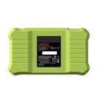 The rear view of a lime green LAUNCH Creader Elite X500 BM diagnostic tool, featuring a rugged, textured casing. It includes a central black label with product specifications, manufacturer details, and various regulatory certification logos.