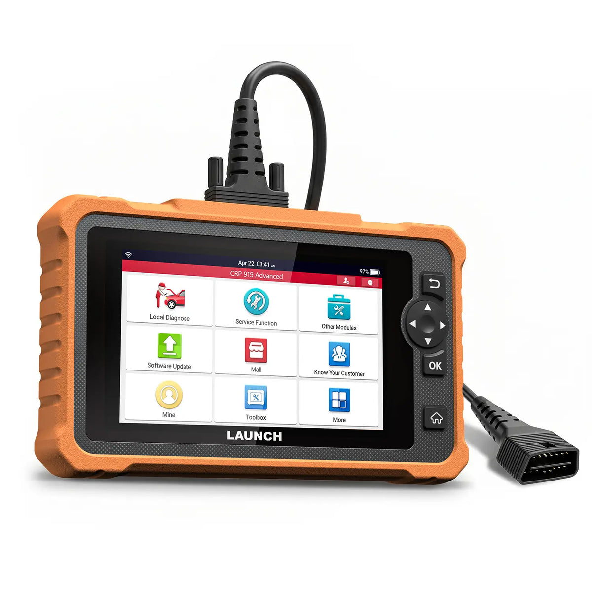 a LAUNCH CRP 919 Advanced diagnostic tablet with a rugged orange and black protective casing and a color touchscreen. It includes a thick black cable connected to a standard 16-pin OBD II connector for vehicle interface. Main image