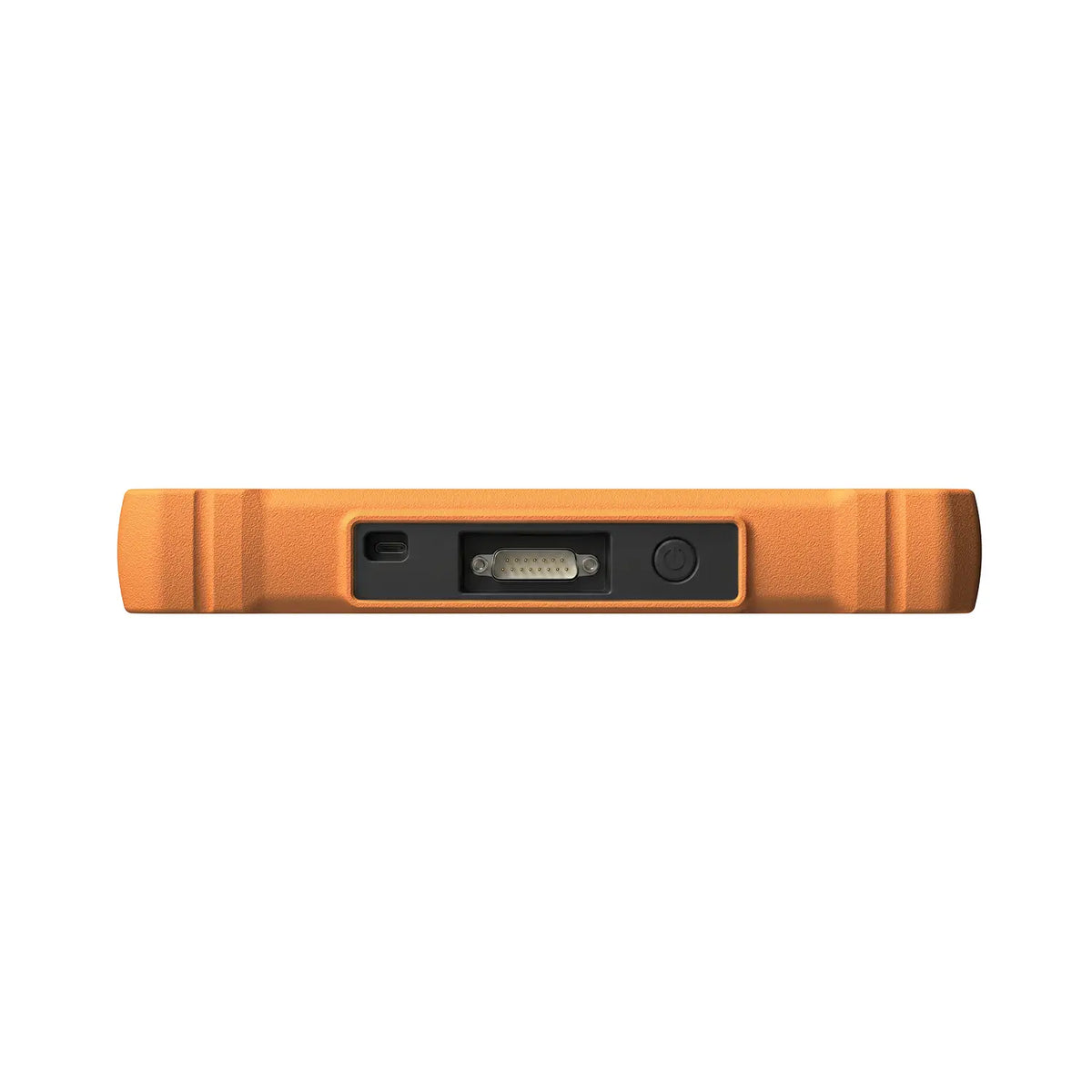 the top edge of a rugged orange diagnostic tool, featuring a USB-C port, a multi-pin serial connector, and a black circular power button. The ports are recessed within the textured casing to provide extra protection during use.