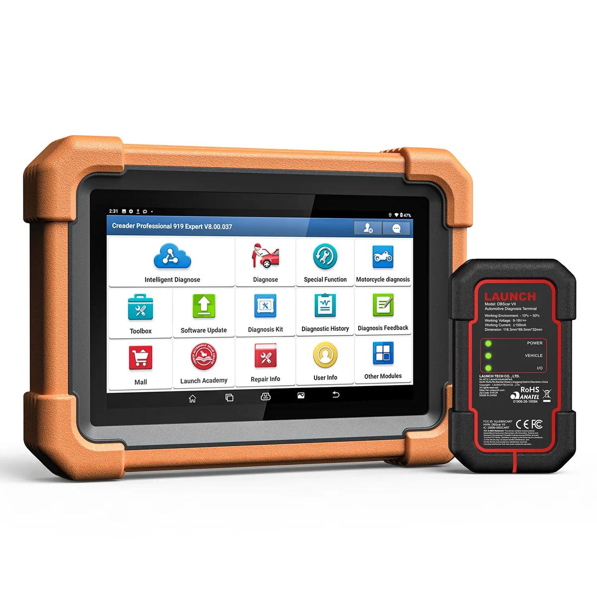 a LAUNCH Creader Professional 919 Expert diagnostic tablet with a rugged orange bumper and a touchscreen displaying a comprehensive menu of icons. It is accompanied by a black wireless DBScar VII VCI connector used for vehicle communication. Main image