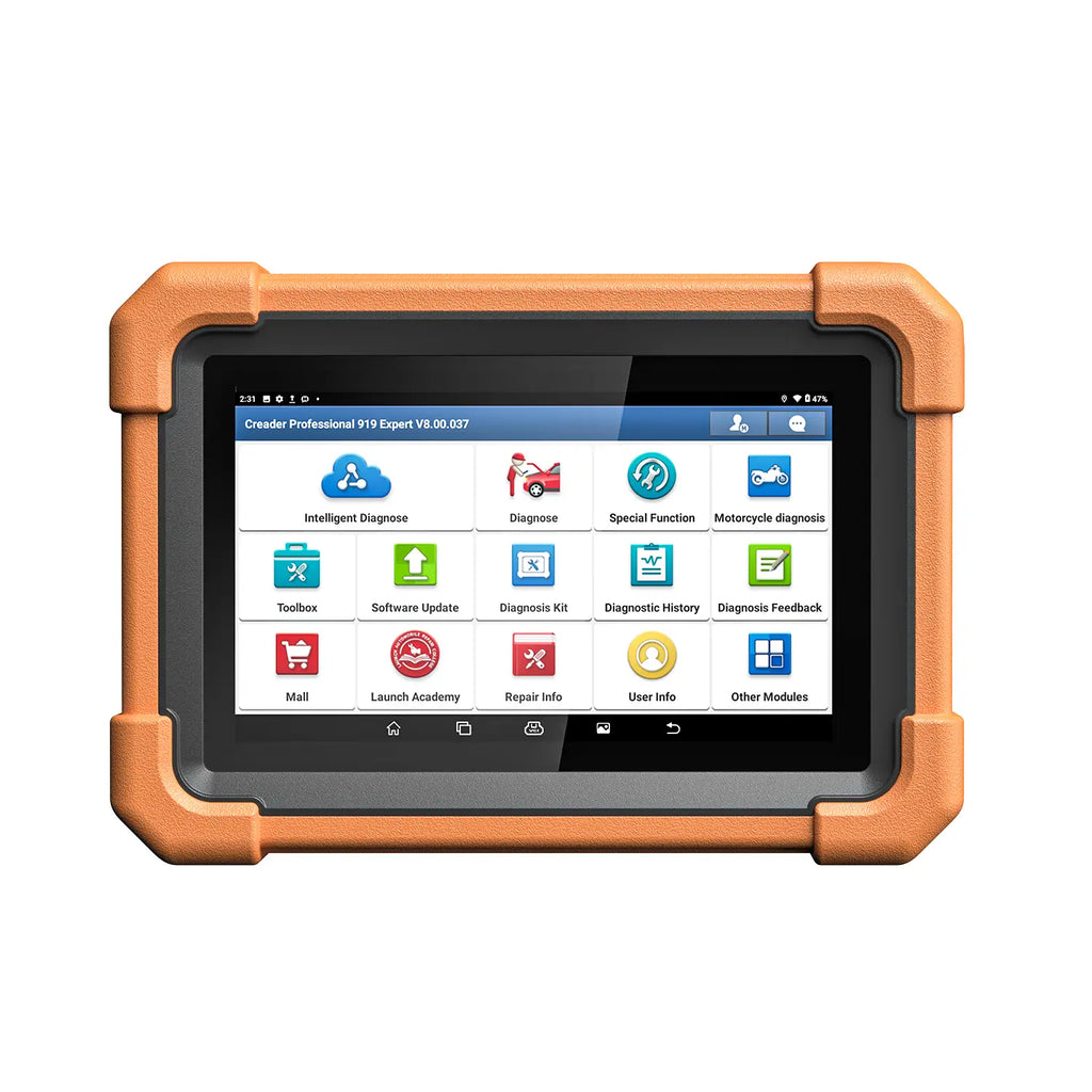 LAUNCH Creader Professional 919 Expert diagnostic tablet with a rugged orange bumper for extra durability. The device features a large touchscreen displaying various icons for automotive and motorcycle diagnostic functions.